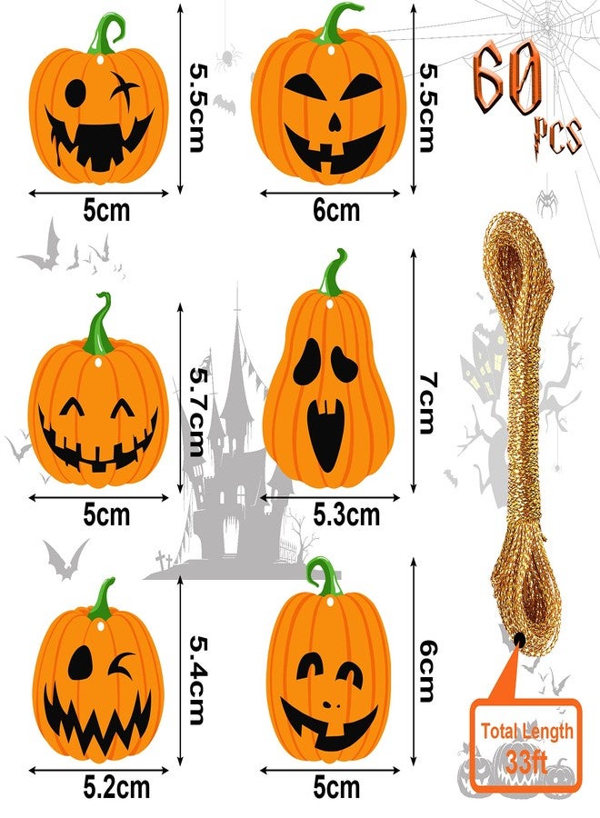 JULBEAR 60Pcs 12 Styles Halloween Pumpkin Cutouts Gift Tags Paper Wrapping Hanging Treat Ornaments Labels with String for Halloween Candy Bags Classroom Bulletin Board Decorations (Style A) - Image 2